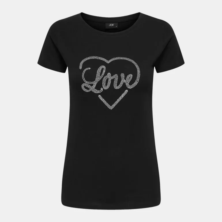 Tee shirt noir coton Love coeur à strass Femme JDY
