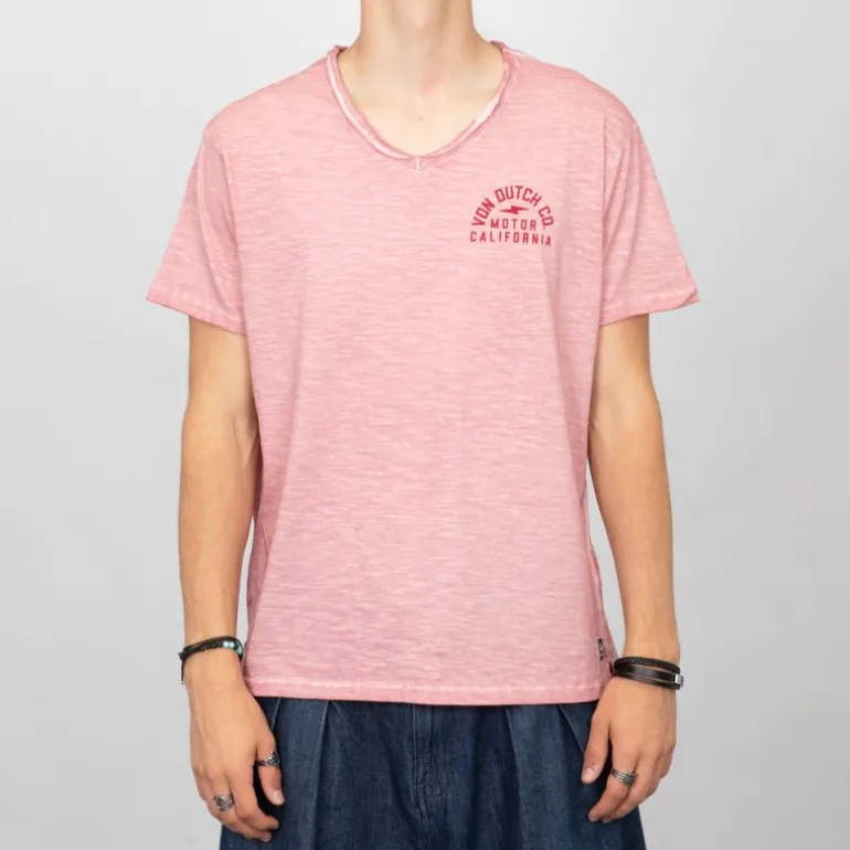 Tee shirt rose coton chiné col V Homme VON DUTCH