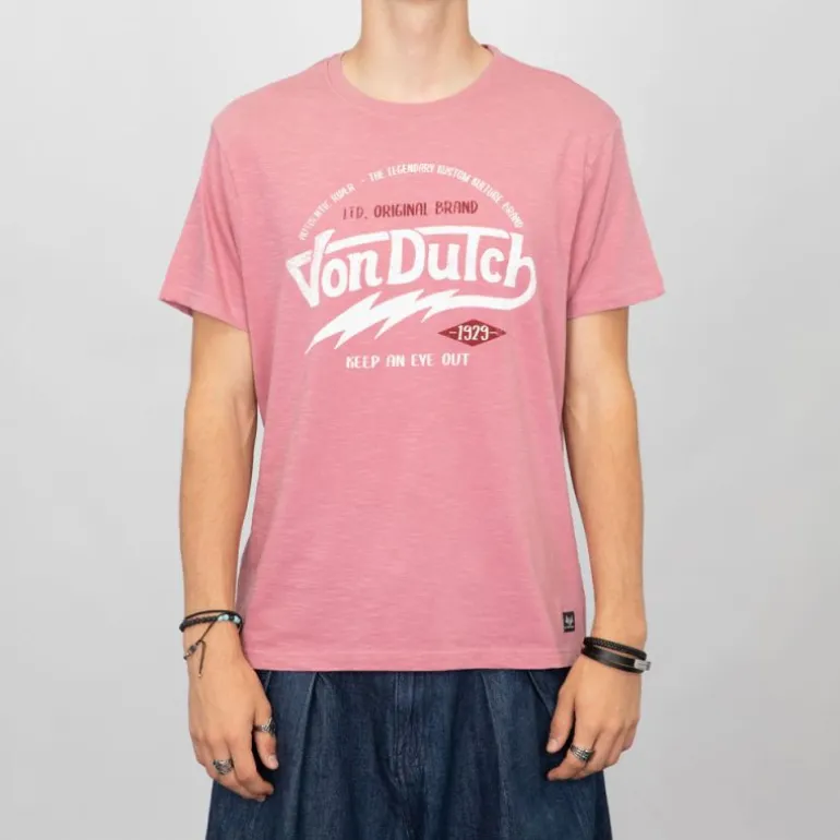 Tee shirt rose estival coton chiné imprimé logo Homme VON DUTCH