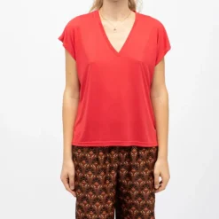 Tee shirt rouge marcelina col V manches courtes Femme LA PETITE ETOILE