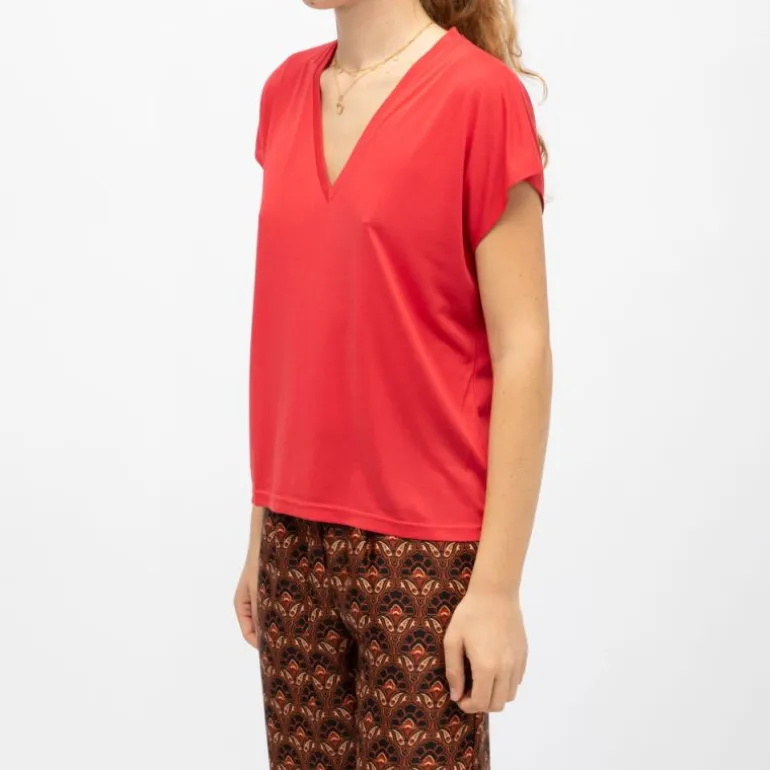 Tee shirt rouge marcelina col V manches courtes Femme LA PETITE ETOILE