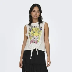 Top court blanc imprimé paradise avec noeud Femme ONLY