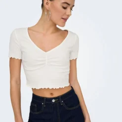 Top crop betty col v manches courtes Femme ONLY