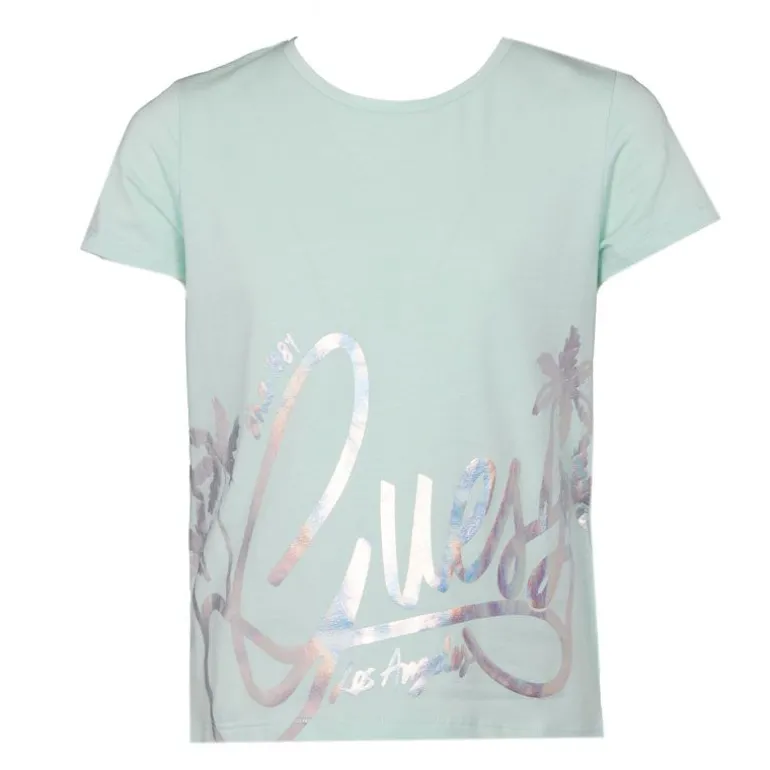 Tshirt col rond imprimé argenté avec logo manuscript Enfant GUESS