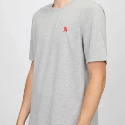 T-shirt gris chiné coton avec logo brodé rouge Homme TOMMY HILFIGER