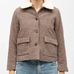 Veste courte beige à carreaux nattie col moutonné Femme LA PETITE ETOILE